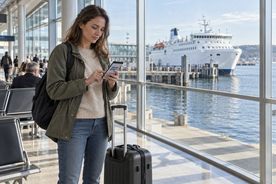 Reisende prüft Fährbuchung im Terminal
