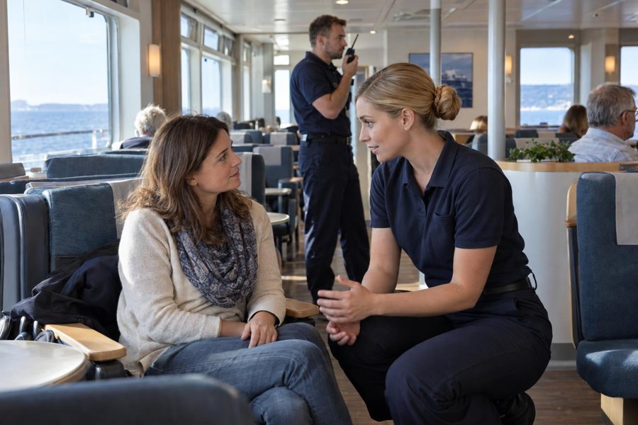 Fährcrew spricht mit einem Fahrgast in der Passagierlounge