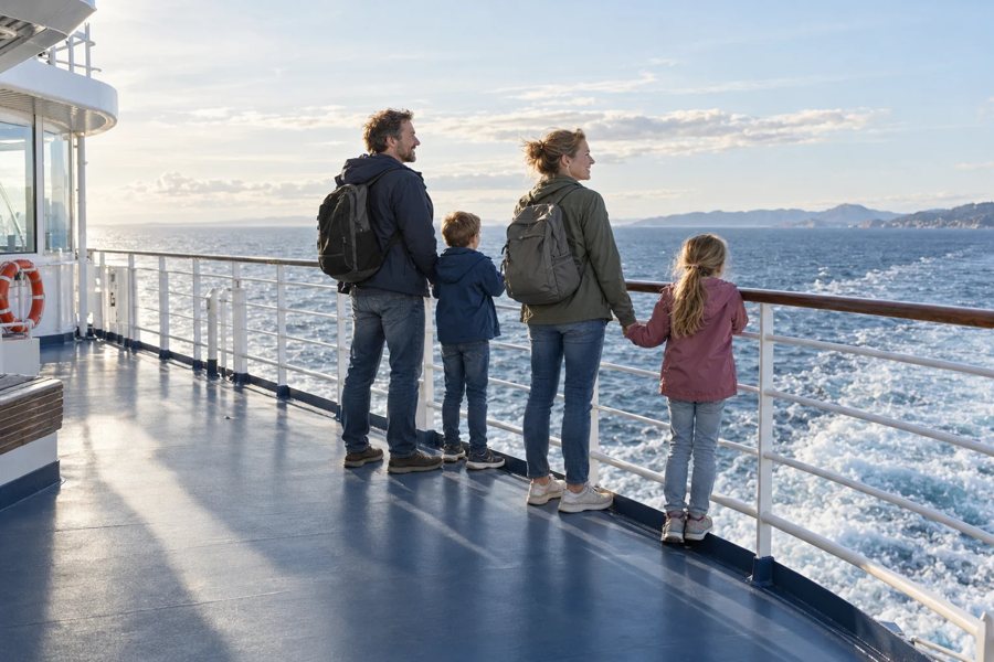 Familie auf dem Außendeck einer Fähre
