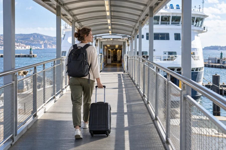 Fußpassagierin mit Rollkoffer auf der Gangway zu einer Fähre